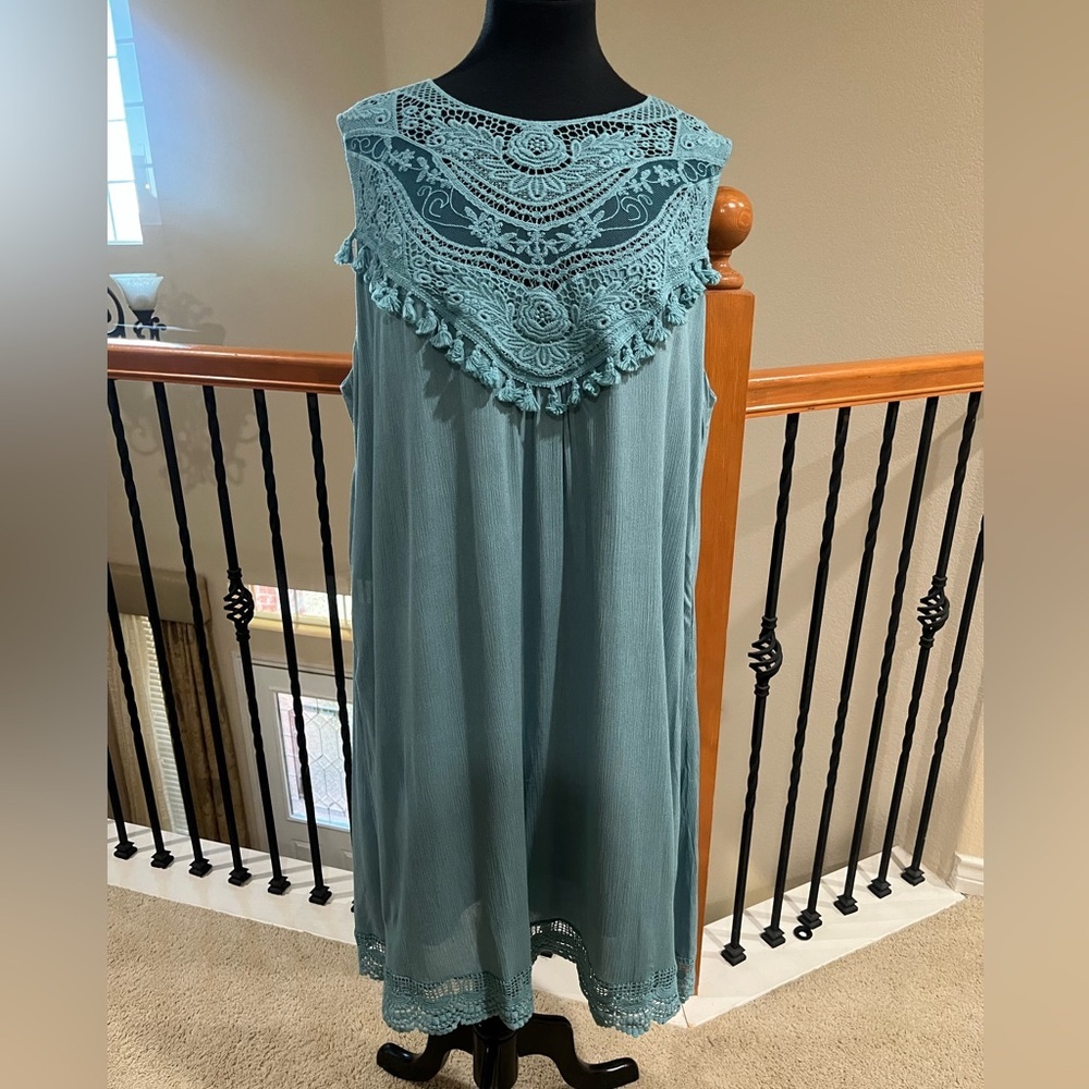 DAVI & DANI Sea Green Sleeveless CROCHET TASSLE YOKE BABYDOLL Dress SIZE 3XL - Picture 3 of 14